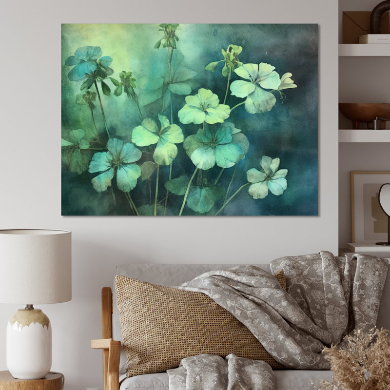 «Green Teal Geraniums Flower Euphony», reproduction sur toile, H 12 po x l 20 po x P 1 po, Toile tendue