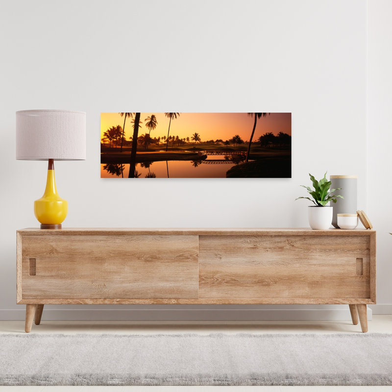 Parcours de golf au coucher du soleil, Isla Navidad, Mexique, palmier abstrait, art mural tropical, H 12 po x l 36 po