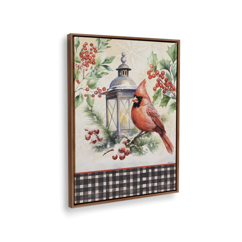 «Christmas Cardinal and Light Post» par Nicole DeCamp, reproduction d'art, L 12 po x H 16 po, Brun, Toile avec cadre