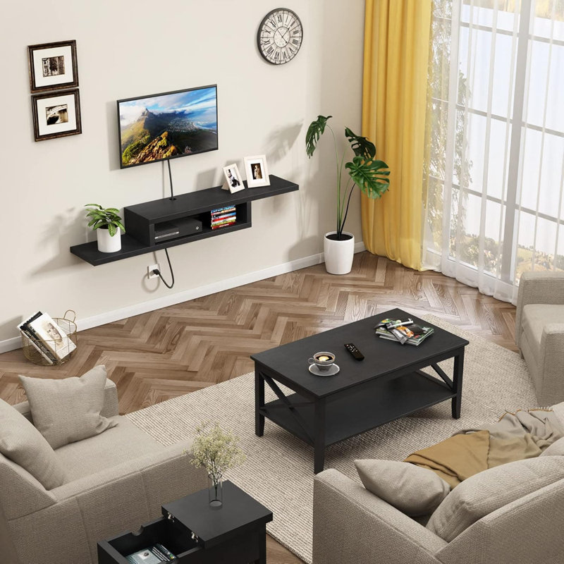 Meuble télé flottant de conception asymétrique, console multimédia murale pour le salon et la chambre à coucher, centre de divertissement peu encombrant avec gestion des câbles