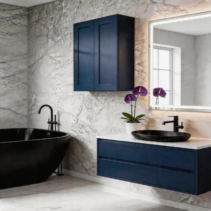 Armoire murale en bois massif bleu marine Shaker de 24 po, charnières à fermeture douce, tablettes réglables, porte double pour cuisine, salle de bain, buanderie, l 24 po x P 12 po x H 30 po