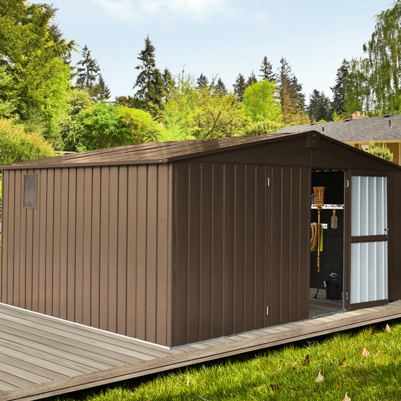 Remise utilitaire d'extérieur 11 pi x 12,5 pi, structure et fenêtres en acier galvanisé, porte verrouillable, porte de rangement en métal brun
