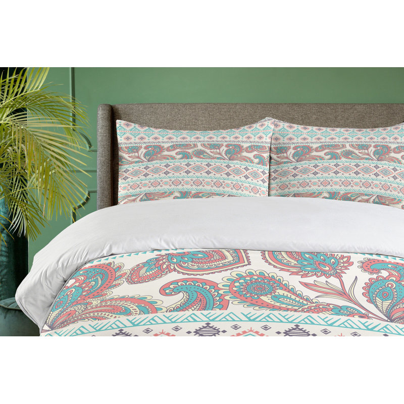 Queen Cream Aqua and Coral Tribal Duvet Cover Set