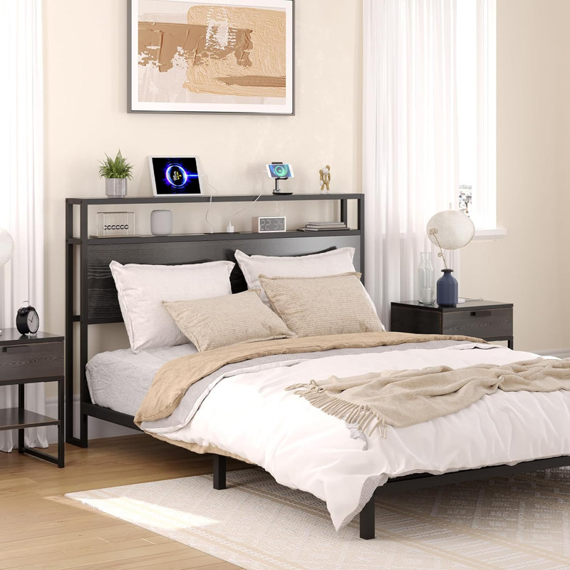 Head Board With LED Lights And Charging Station, Queen, Black