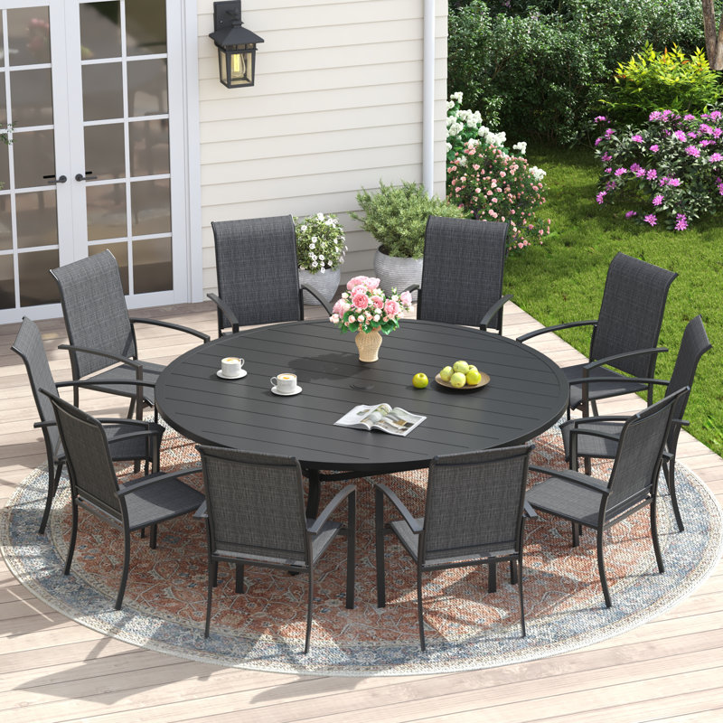 63" Round Outdoor Patio Dining Set For 10 With Stackable PVC-coated polyester Chairs, Black/Black