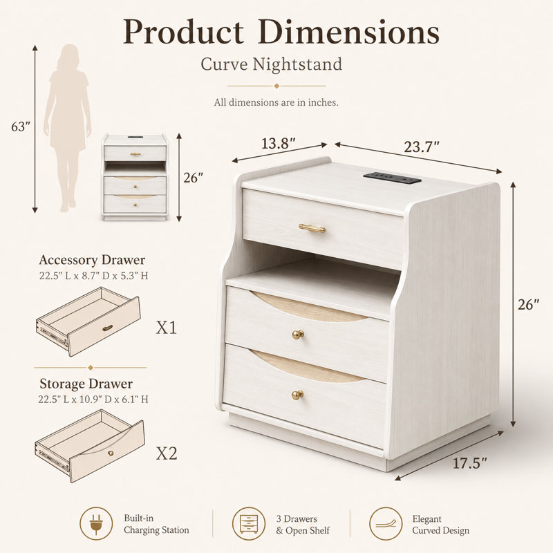Table de chevet en bois blanc avec 3 tiroirs de rangement et station de charge, table de chevet avec 2 prises de courant AC + USB + Type-C