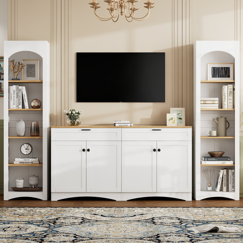 Storage Cabinet,Tv Stand With Bookshelf, Rustic Versatile Sideboard With Adjustable Shelves For Living Room, White