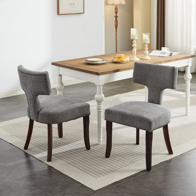 2 Mid Century Modern Dining Chairs, Gray Linen Upholstered Chairs With Alluring Curved And Copper Nails, Hardwood Frame Pleasant Foam Cushion Of 2 In Gray. Nails. Frame, Cushion. Ergonomic