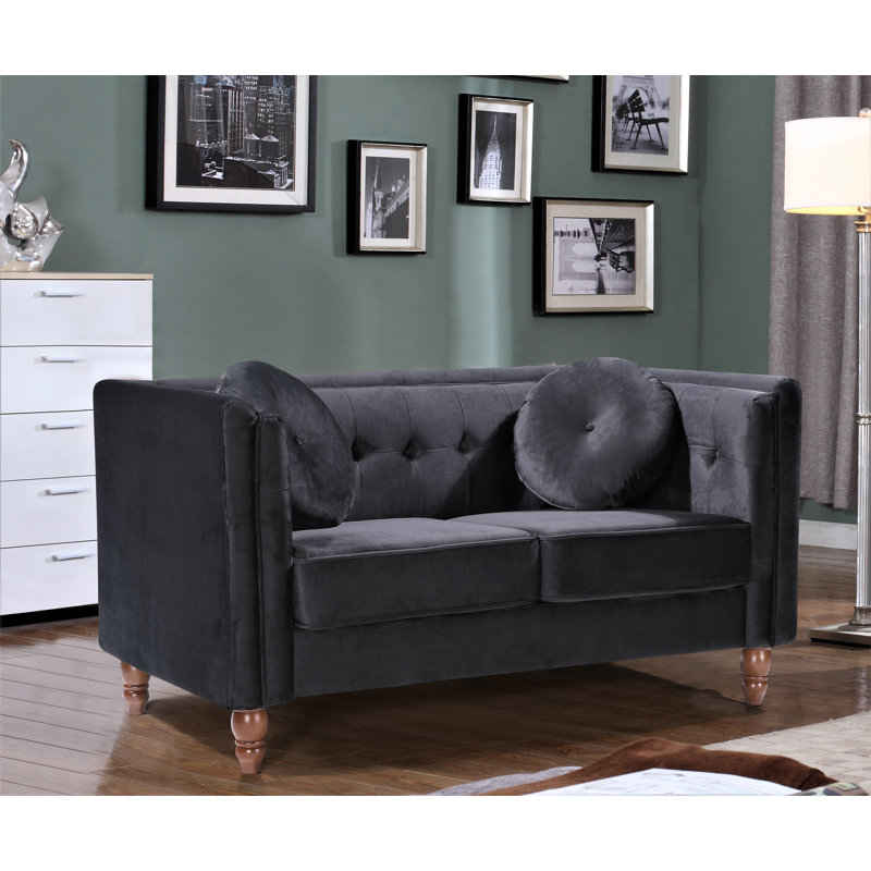 Eveland 58.3" Velvet Tuxedo Arm Chesterfield Loveseat, Black Velvet