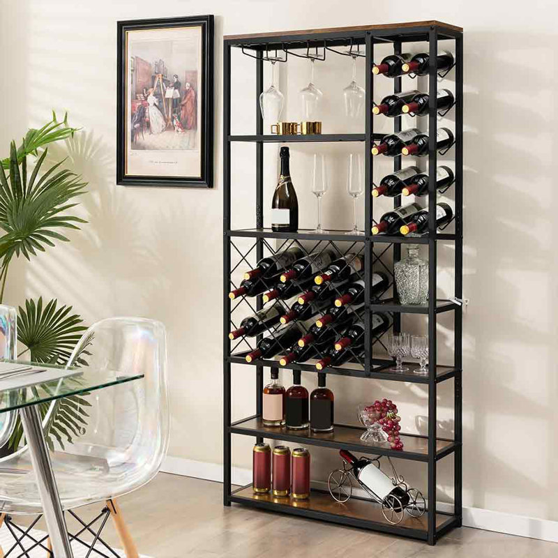 Support à vin de plancher et porte-verres en brun rustique