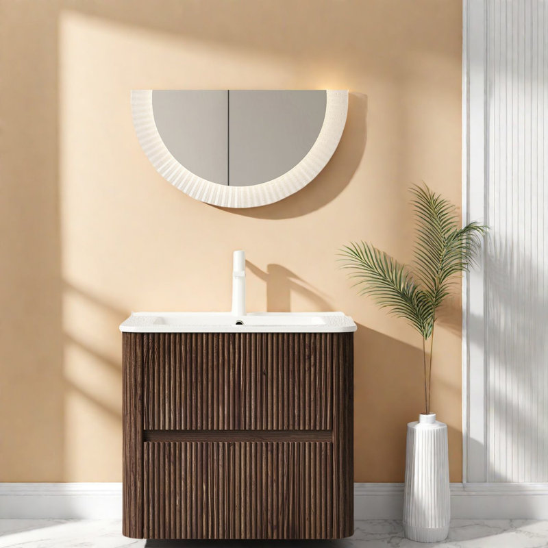 Meuble-lavabo mural moderne avec lavabo, conception en noyer contreplaqué pour salle de bain contemporaine