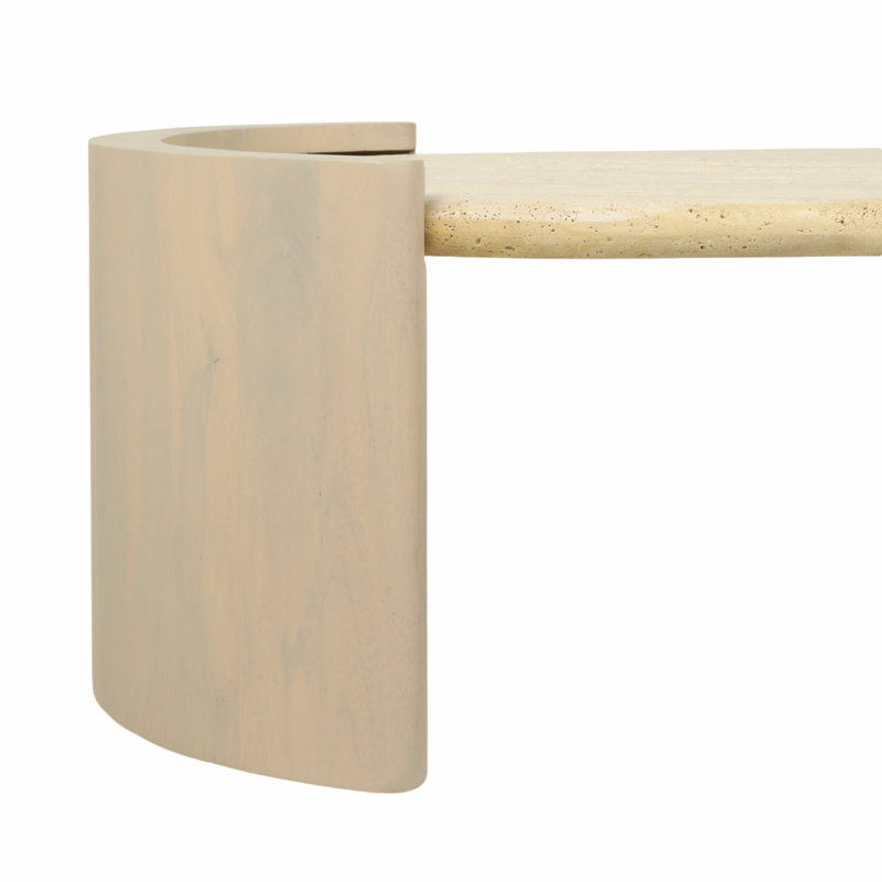Coffee Table with Travertine Top and Light Wood Base, Living Room Table with Organic Modern Design, 57"