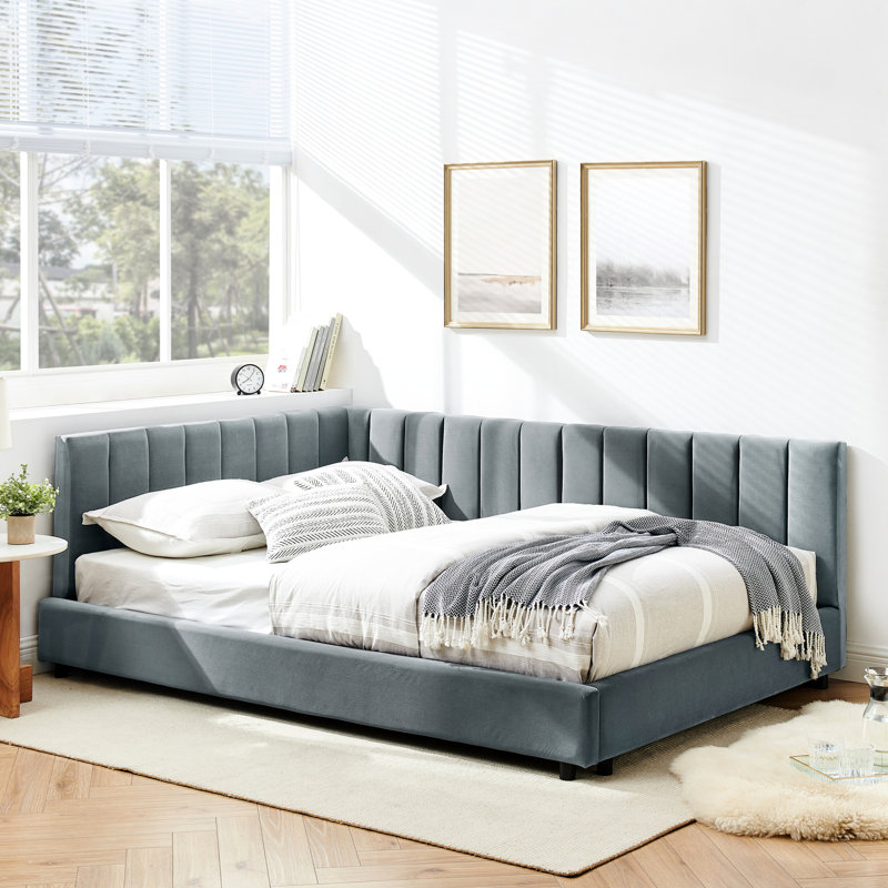 Lit double en velours gris de style Mid-Century rembourré avec une structure stable pour un format de maison confortable