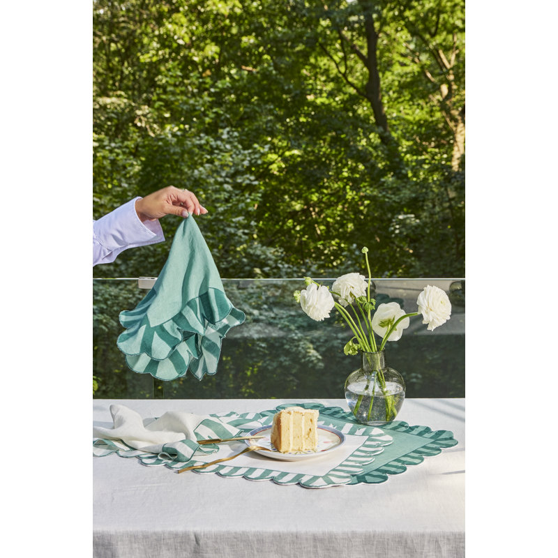 Embroidered Linen Scalloped Stripe Double-Sided Placemats, Orange
