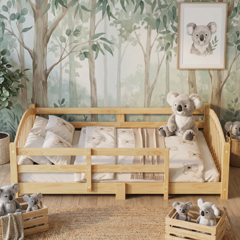 Cadre de lit bas naturel en pin massif naturel Montessori, Lit double, Bois