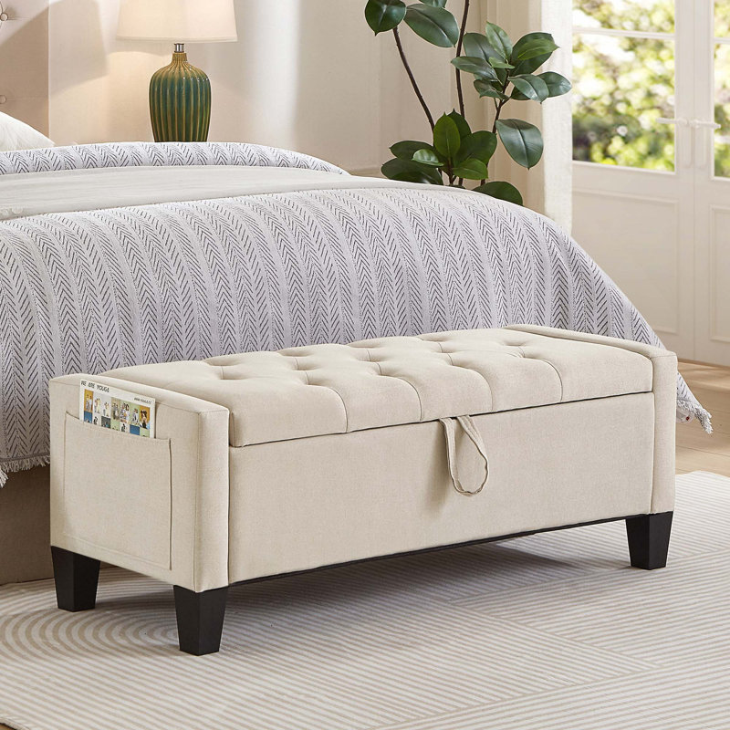 Banc en lin rembourré avec rangement et charnière de sécurité pour le salon de la chambre à coucher, Beige