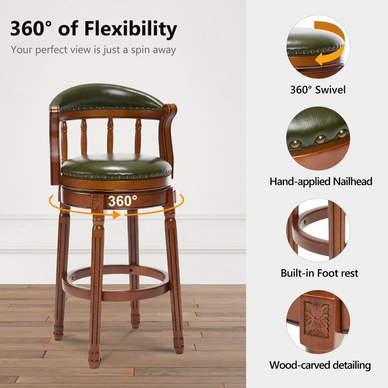 Genuine Leather Bar Stool with Solid Wood Frame - Swivel, Mid-Back Ventilated Design & Footrest