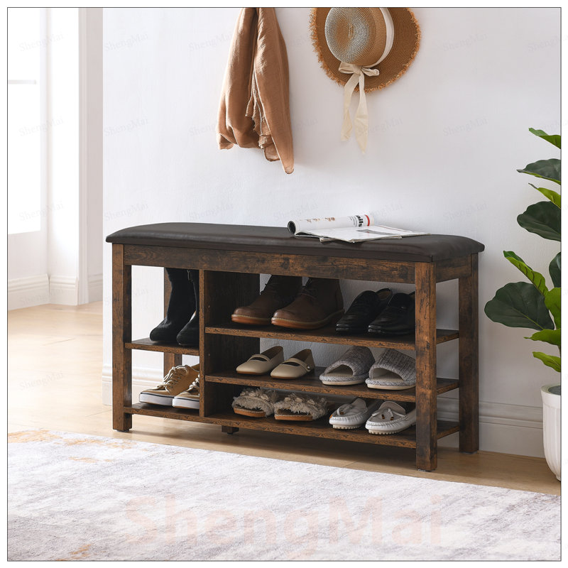 Banc à langer rétro à hauteur réglable avec rangement dissimulé et sièges confortables, parfait pour les vestibules, Brown