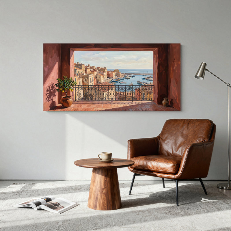 Ensemble de 1 tableau sur toile représentant une vue de la Méditerranée, L 58 po x H 28 po, Toile tendue