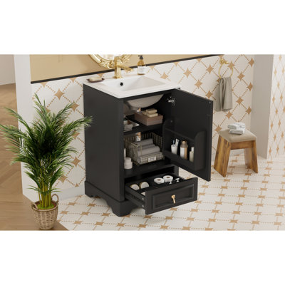 Meuble-lavabo moderne de 20 pouces avec lavabo en céramique, tiroir à fermeture en douceur, support de porte, tablette en U réglable et structure en bois massif de rangement de conception contemporaine, fabrication