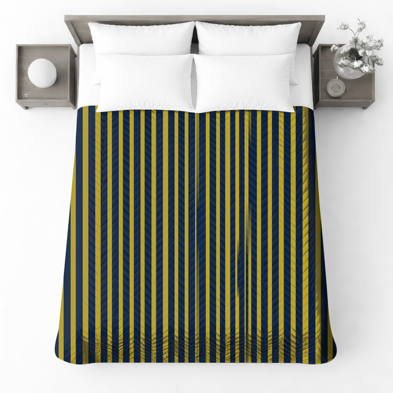 Couvre-lit matelassé à rayures bleu marine et jaune, Queen