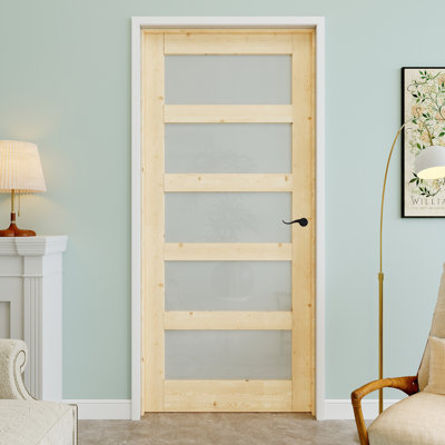 32" x 80" 5-Lite-Lite Pine Wood & Frosted Glass Interior Prehung Door with Curve Lever and Silver Hinges, Privacy Glass Door Slab, Paintable & Waterproof, Suit for Laundry, Closet Doors, Room Doors, Left Hand