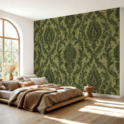 Wall Mural Peel and Stick Wallpaper Vintage Damask Floral Olive Green Dark Green Ornamental Style Self-Adhesive Removable Contact Paper Wall Decor for Living Room Bedroom 69"H x 96"W
