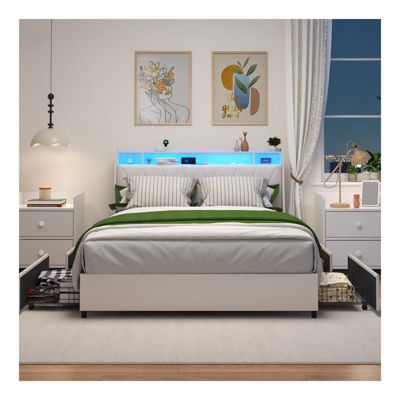 Cadre de lit double avec tête de lit ergonomique, cadre de lit plateforme double avec prises de courant DEL, cadre de lit en métal double avec tablette de rangement, silencieux, aucun sommier nécessaire