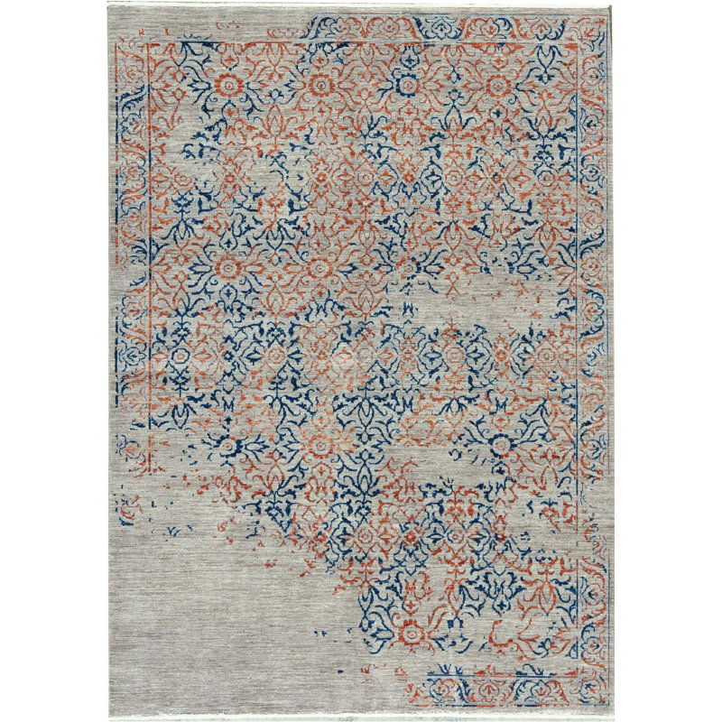 Tapis bleu, rouge et gris noué à la main de haute qualité
