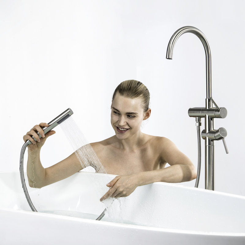 Robinet de baignoire entièrement en métal - Douchette à main, nickel brossé, autoportant avec 2 poignées, style levier, finition nickel et fiable