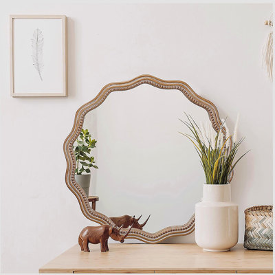 23.62 inches Wood Round Wavy Wall Mirror Round Wall Mirror Scalloped Mirror -Large Decorative Wood Framed Hanging Circle Mirror