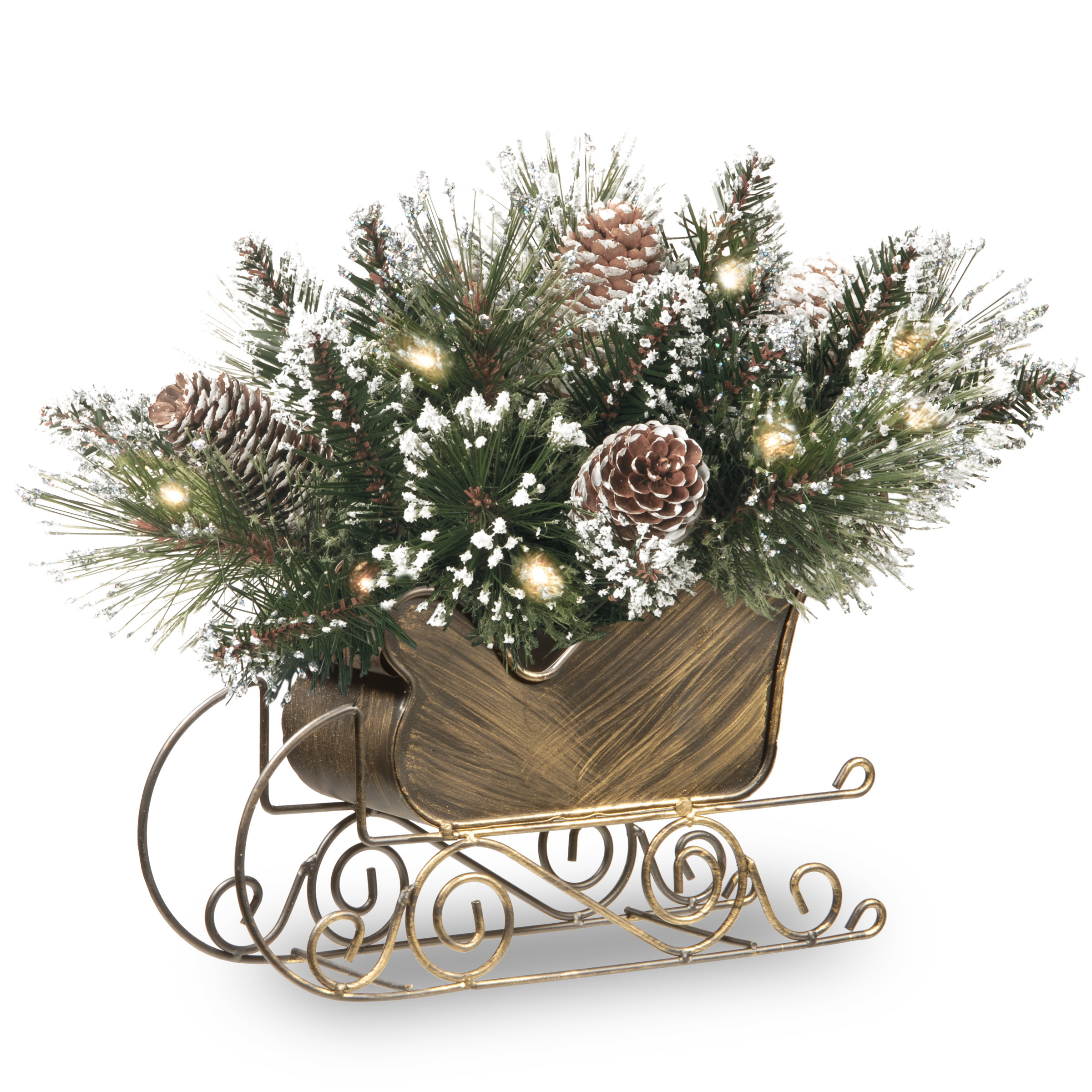 The Holiday Aisle® 10 in. Glittery Bristle Pine Sleigh with LED Lights & Reviews | Wayfair