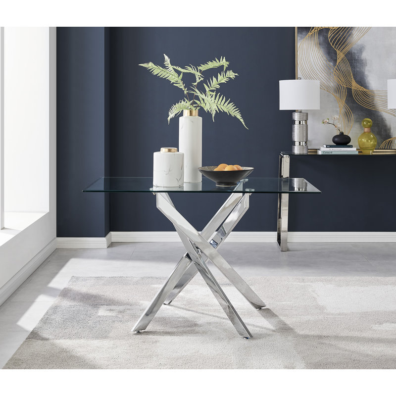 Lenworth Luxury Rectangular Dining Table in Glass and Chrome Metal - Modern Statement Design, 75H x 120W x 70D, Silver