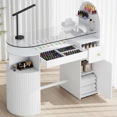 Station de manucure avec plateau en verre trempé, bureau professionnel avec armoire de rangement et tiroir