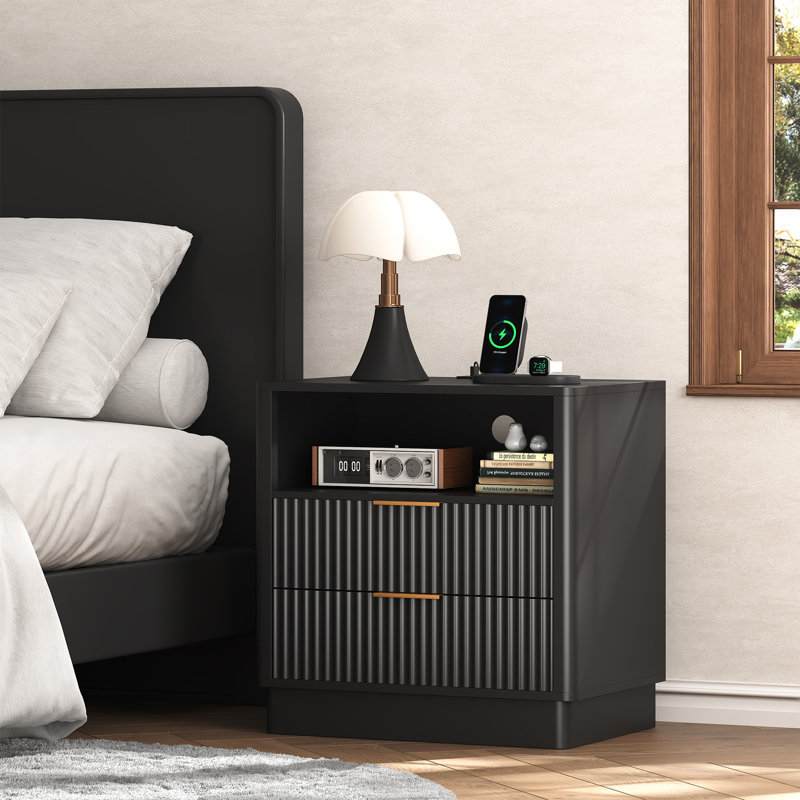 23.6" W 2 - Drawer Nightstand with Charging Station and LED Light, Black