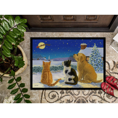 Tapis d’extérieur anti-dérapant pour père noël doré et chatons
