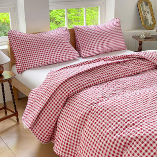 Gingham Quilt Set, Soft Pre-washed Microfiber Plaid Bedspread, Lightweight Checked Summer Quilt, Grid Bedding Coverlets for All Seasons