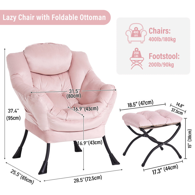 Abramson Lazy Chair, Modern Lounge Accent Chair with Armrests and a Side Pocket, Pink Velvet, No