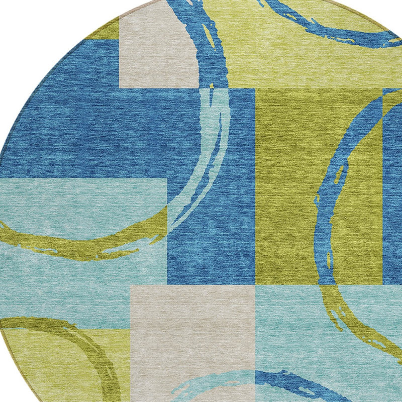 Tapis intérieur lavable rond 8 pi bleu et vert lime