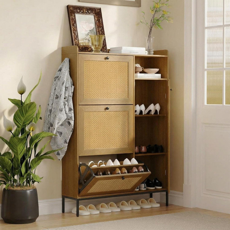 Range-chaussures en rotin avec 3 tiroirs rabattables et tablettes réglables, organisateur de vestibule mince avec boutons en métal, style bohème
