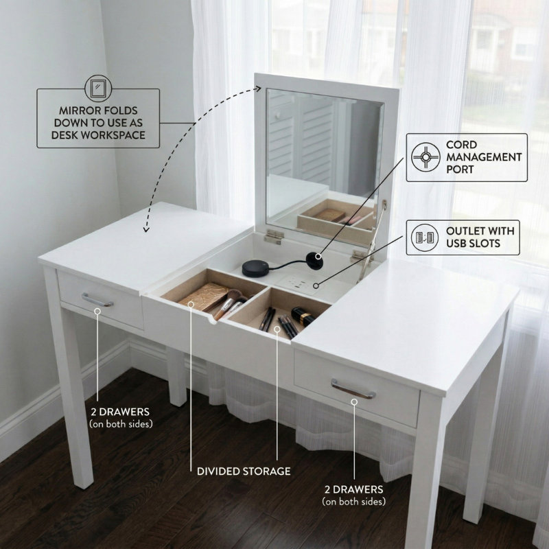 Kiralyn Writing Desk with Built-In Electrical Outlet, Crisp White