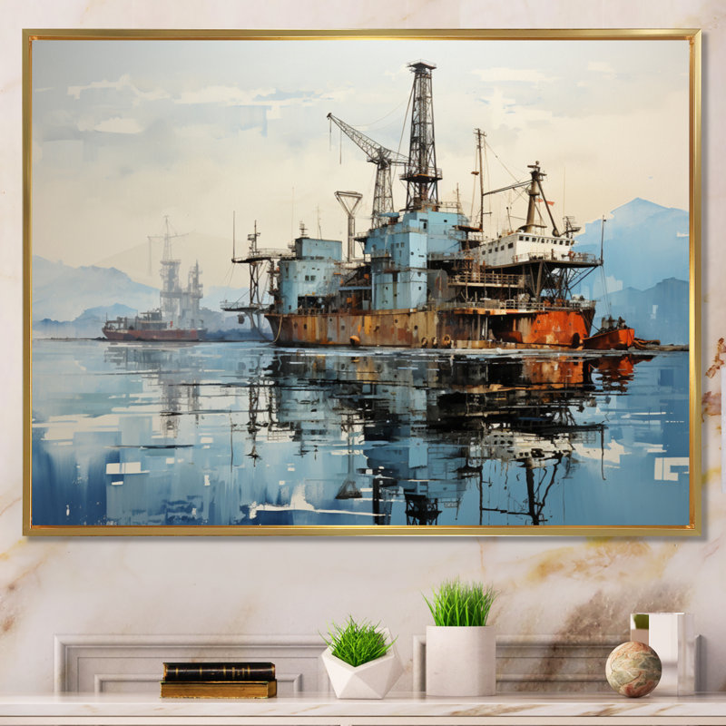 «Blue Oil Rigs Fields Industrial IV», reproduction sur toile, H 24 po x l 32 po x P 1 po, Cadre flottant doré