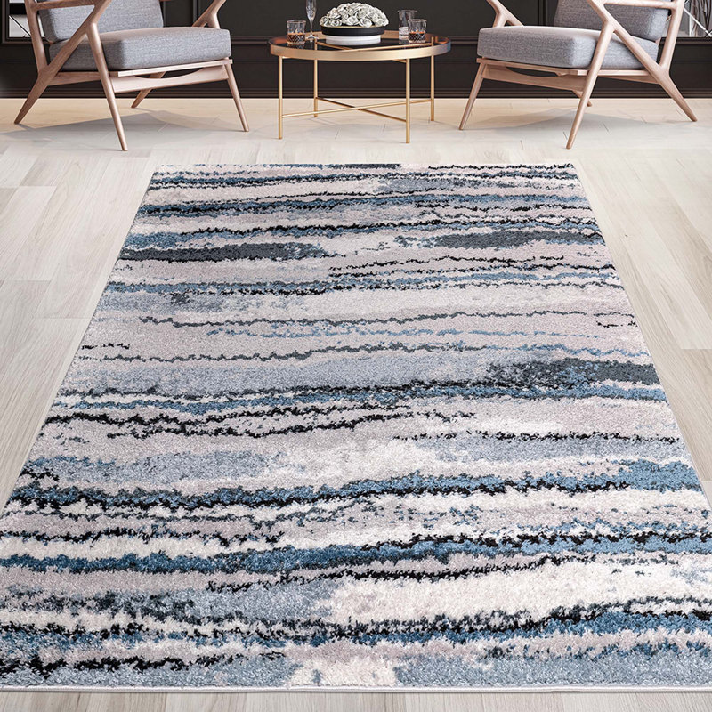 Tapis tissé à la machine à rayures abstraites Watercolor, Rectangle 5 pi x 7 pi
