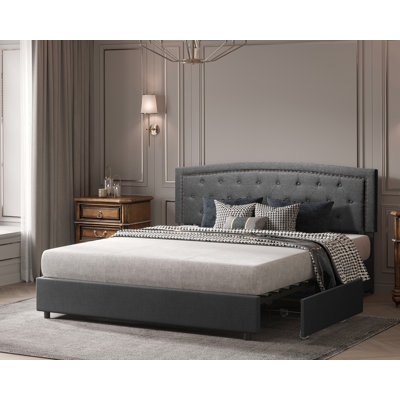 Structure de lit tapissier gris foncé avec 4 tiroirs Joden