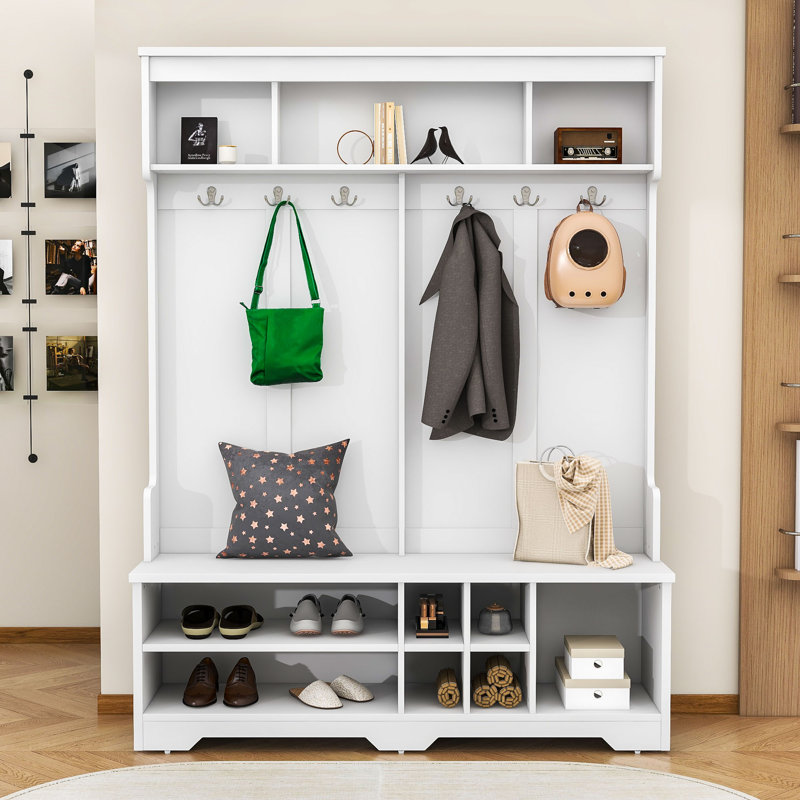 Hall Tree with Storage Compartment, 6 Hooks and Seating Bench, White