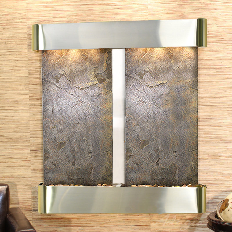 Aspen Falls Natural Stone Fountain with Light, Stainless Steel, Green Feather