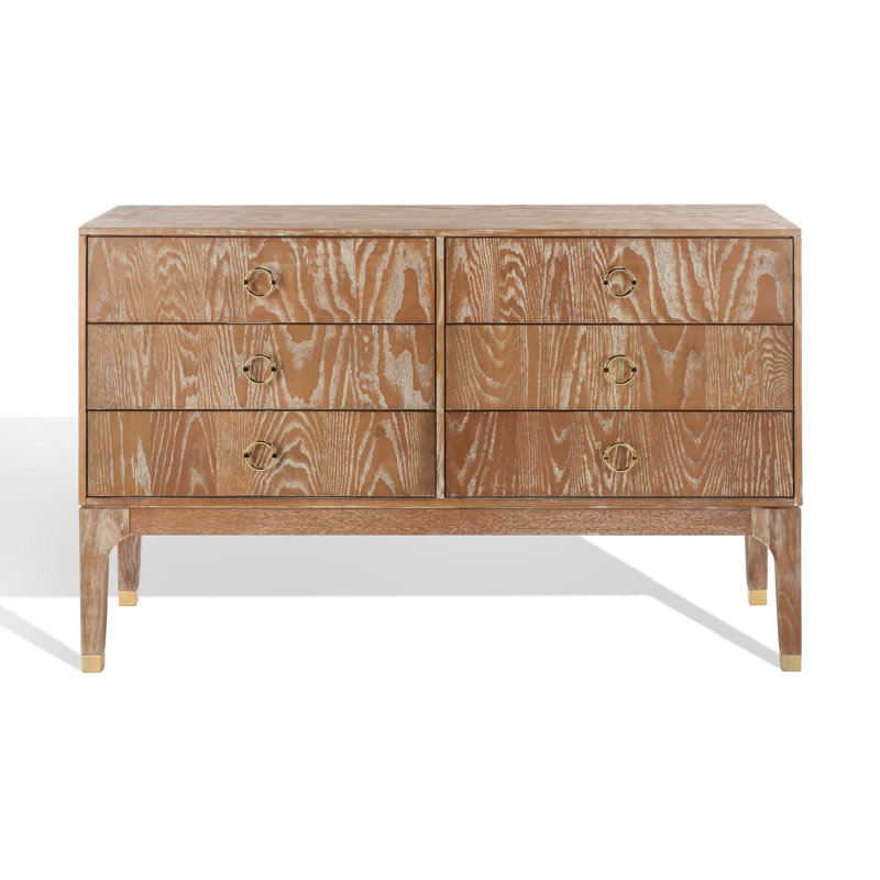 Rustic Oak 6-Drawer Transitional Dresser with Brass Hardware