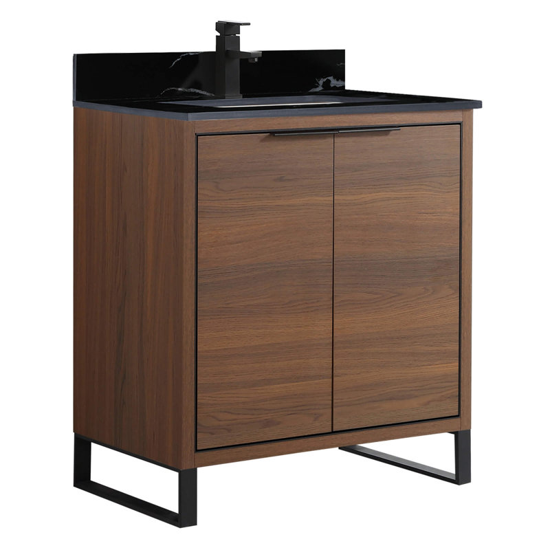 Gesa 30'' Single Bathroom Vanity with Stone Top, Walnut Ebony, Matte Black