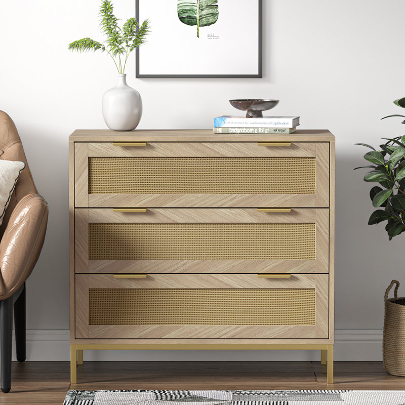 3 Drawer Rattan Accent Chest with Metal Handles