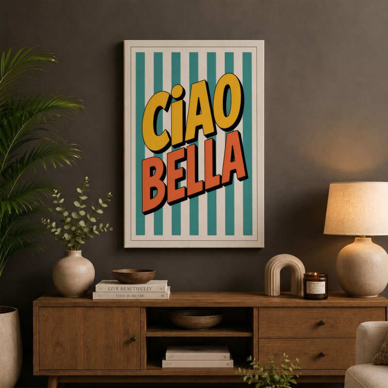 Ciao Bella Retro - Wrapped Canvas, 36x24 - 91.4 x 61.0 cm, Teal Border